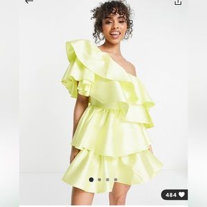 ASOS Luxe satin ruffle one shoulder mini dress in lemon